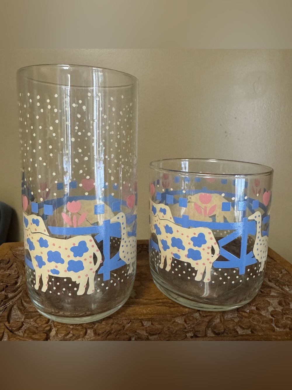 Vintage Farmhouse Scene Pink Blue Pastel Polka Dots Cows Geese Pigs Set of Two